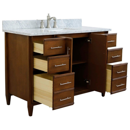 Bellaterra Home MCM 49" 2-Door 6-Drawer Walnut Freestanding Vanity Set With Ceramic Undermount Rectangular Sink and White Carrara Marble Top - Luxe Vanity & Tub