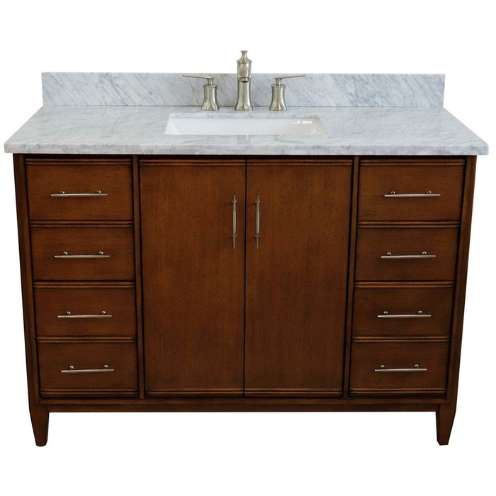 Bellaterra Home MCM 49" 2-Door 6-Drawer Walnut Freestanding Vanity Set With Ceramic Undermount Rectangular Sink and White Carrara Marble Top - Luxe Vanity & Tub