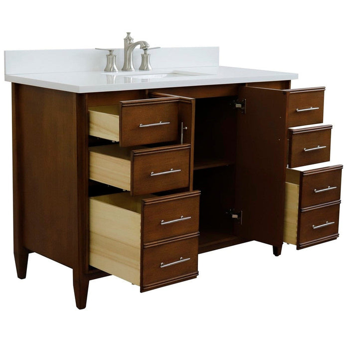 Bellaterra Home MCM 49" 2-Door 6-Drawer Walnut Freestanding Vanity Set With Ceramic Undermount Rectangular Sink and White Quartz Top - Luxe Vanity & Tub