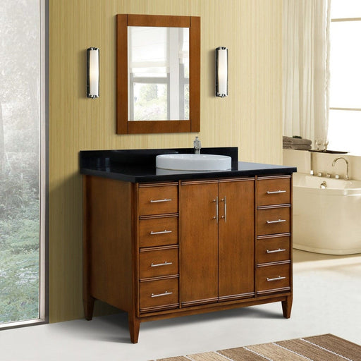 Bellaterra Home MCM 49" 2-Door 6-Drawer Walnut Freestanding Vanity Set With Ceramic Vessel Sink and Black Galaxy Granite Top