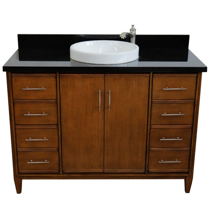 Bellaterra Home MCM 49" 2-Door 6-Drawer Walnut Freestanding Vanity Set With Ceramic Vessel Sink and Black Galaxy Granite Top - Luxe Vanity & Tub