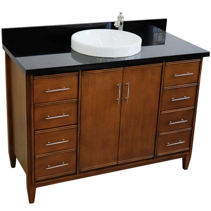 Bellaterra Home MCM 49" 2-Door 6-Drawer Walnut Freestanding Vanity Set With Ceramic Vessel Sink and Black Galaxy Granite Top - Luxe Vanity & Tub