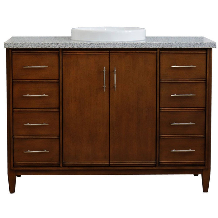 Bellaterra Home MCM 49" 2-Door 6-Drawer Walnut Freestanding Vanity Set With Ceramic Vessel Sink and Gray Granite Top - Luxe Vanity & Tub