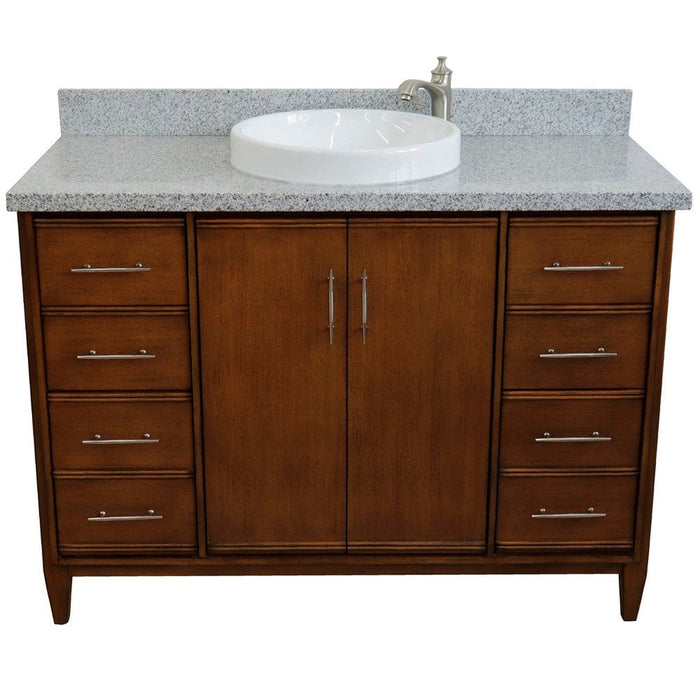 Bellaterra Home MCM 49" 2-Door 6-Drawer Walnut Freestanding Vanity Set With Ceramic Vessel Sink and Gray Granite Top - Luxe Vanity & Tub