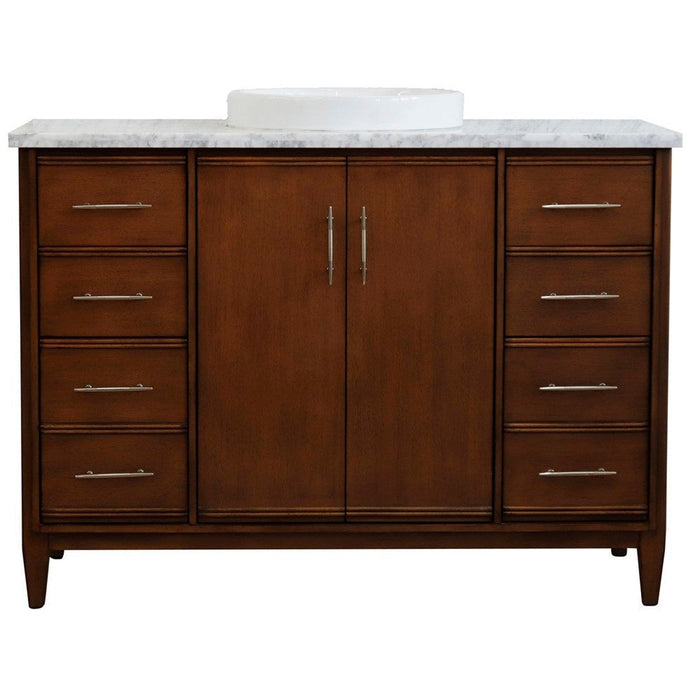 Bellaterra Home MCM 49" 2-Door 6-Drawer Walnut Freestanding Vanity Set With Ceramic Vessel Sink and White Carrara Marble Top - Luxe Vanity & Tub