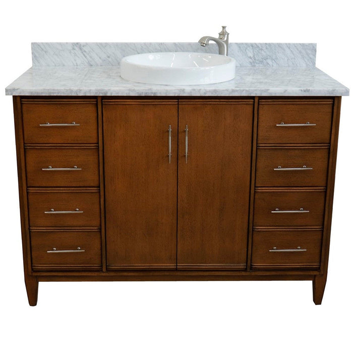 Bellaterra Home MCM 49" 2-Door 6-Drawer Walnut Freestanding Vanity Set With Ceramic Vessel Sink and White Carrara Marble Top - Luxe Vanity & Tub