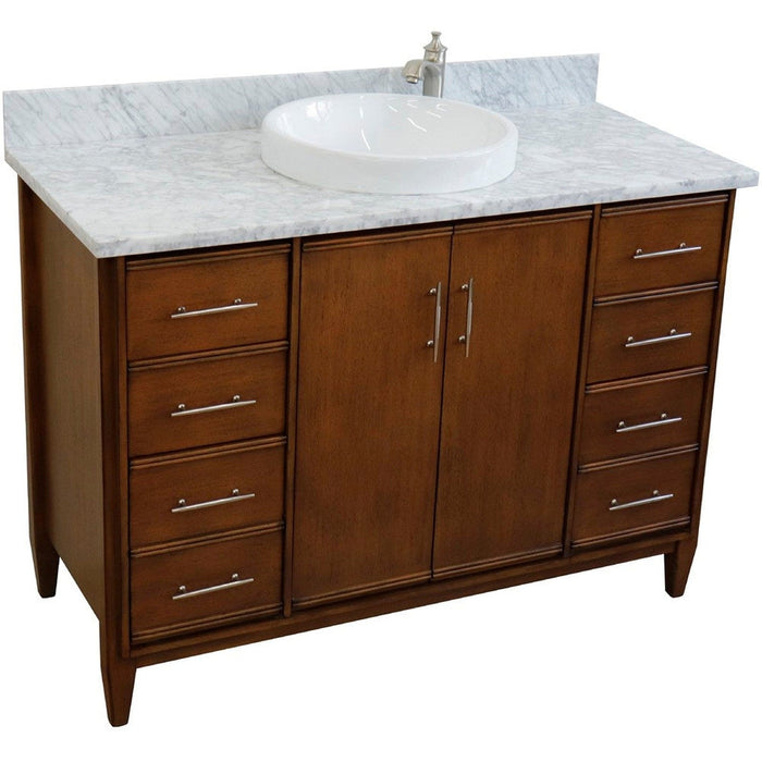 Bellaterra Home MCM 49" 2-Door 6-Drawer Walnut Freestanding Vanity Set With Ceramic Vessel Sink and White Carrara Marble Top - Luxe Vanity & Tub