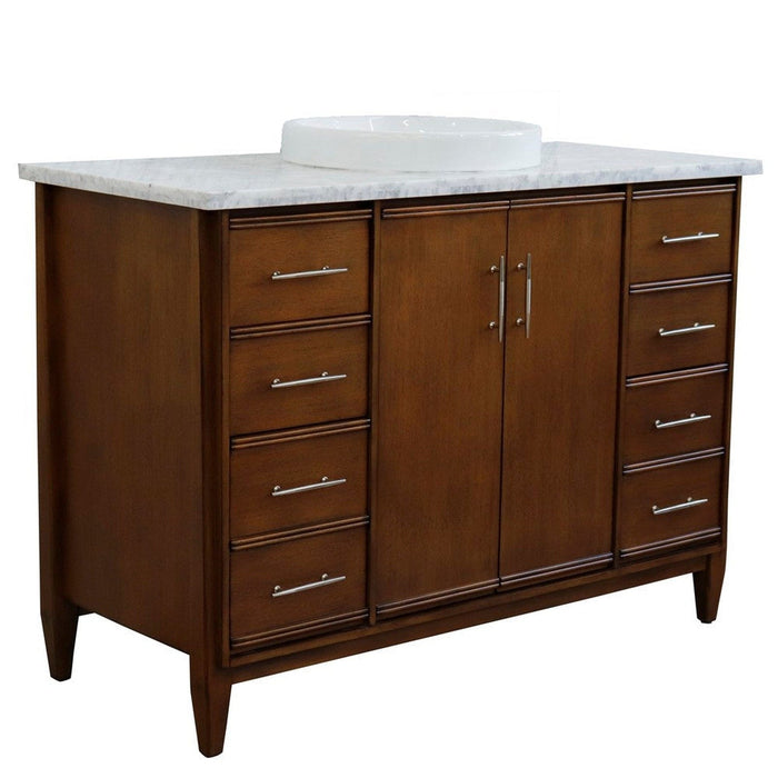 Bellaterra Home MCM 49" 2-Door 6-Drawer Walnut Freestanding Vanity Set With Ceramic Vessel Sink and White Carrara Marble Top - Luxe Vanity & Tub