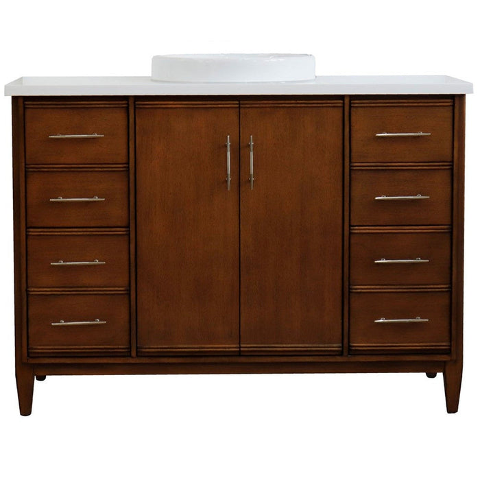 Bellaterra Home MCM 49" 2-Door 6-Drawer Walnut Freestanding Vanity Set With Ceramic Vessel Sink and White Quartz Top - Luxe Vanity & Tub