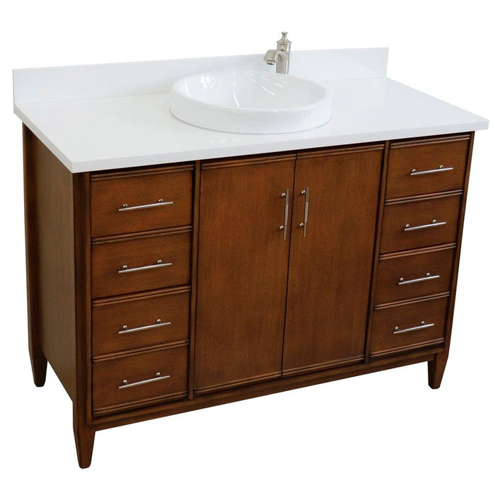 Bellaterra Home MCM 49" 2-Door 6-Drawer Walnut Freestanding Vanity Set With Ceramic Vessel Sink and White Quartz Top - Luxe Vanity & Tub