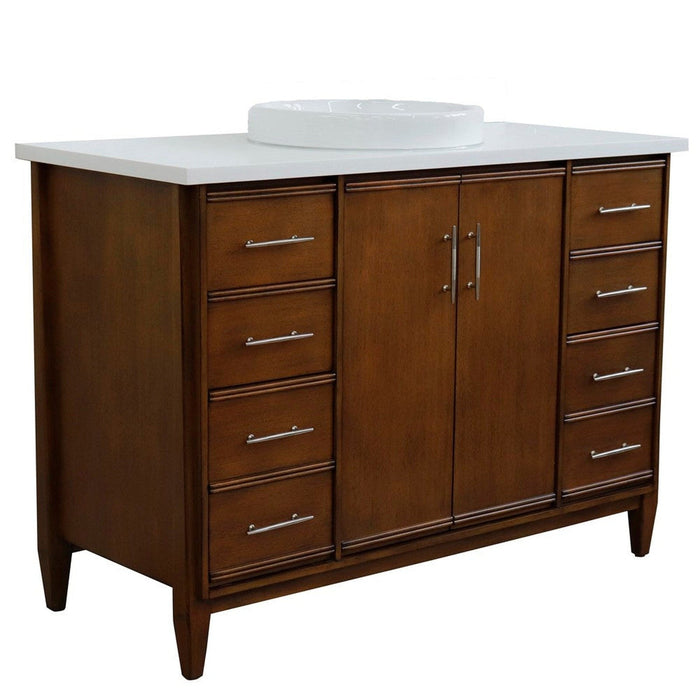 Bellaterra Home MCM 49" 2-Door 6-Drawer Walnut Freestanding Vanity Set With Ceramic Vessel Sink and White Quartz Top - Luxe Vanity & Tub