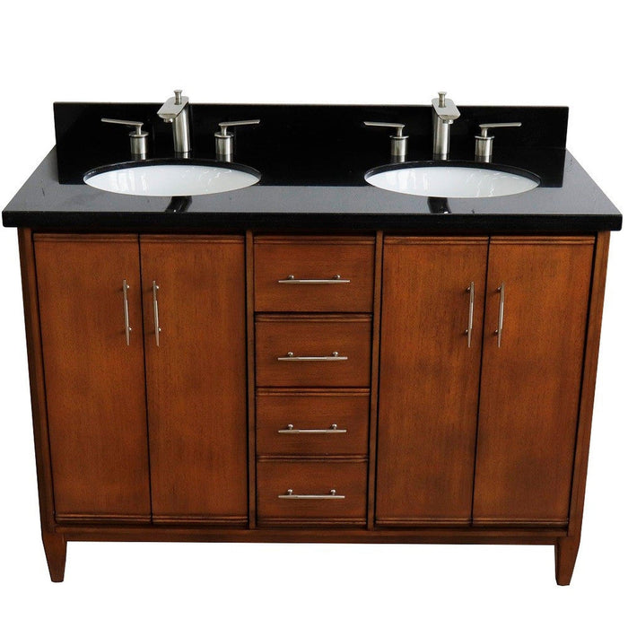 Bellaterra Home MCM 49" 4-Door 2-Drawer Walnut Freestanding Vanity Set With Ceramic Double Undermount Oval Sink and Black Galaxy Granite Top - Luxe Vanity & Tub