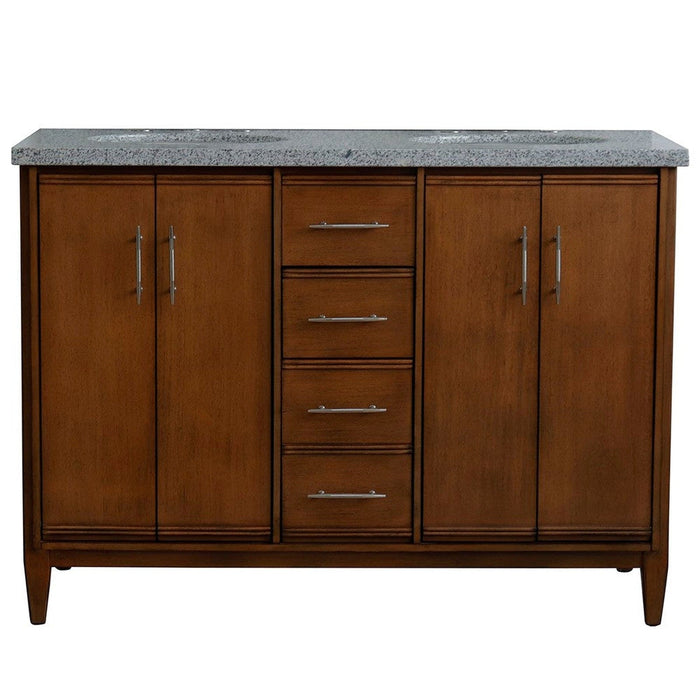 Bellaterra Home MCM 49" 4-Door 2-Drawer Walnut Freestanding Vanity Set With Ceramic Double Undermount Oval Sink and Gray Granite Top - Luxe Vanity & Tub