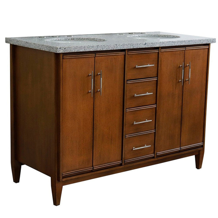 Bellaterra Home MCM 49" 4-Door 2-Drawer Walnut Freestanding Vanity Set With Ceramic Double Undermount Oval Sink and Gray Granite Top - Luxe Vanity & Tub