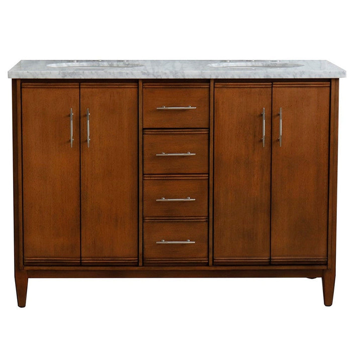 Bellaterra Home MCM 49" 4-Door 2-Drawer Walnut Freestanding Vanity Set With Ceramic Double Undermount Oval Sink and White Carrara Marble Top - Luxe Vanity & Tub