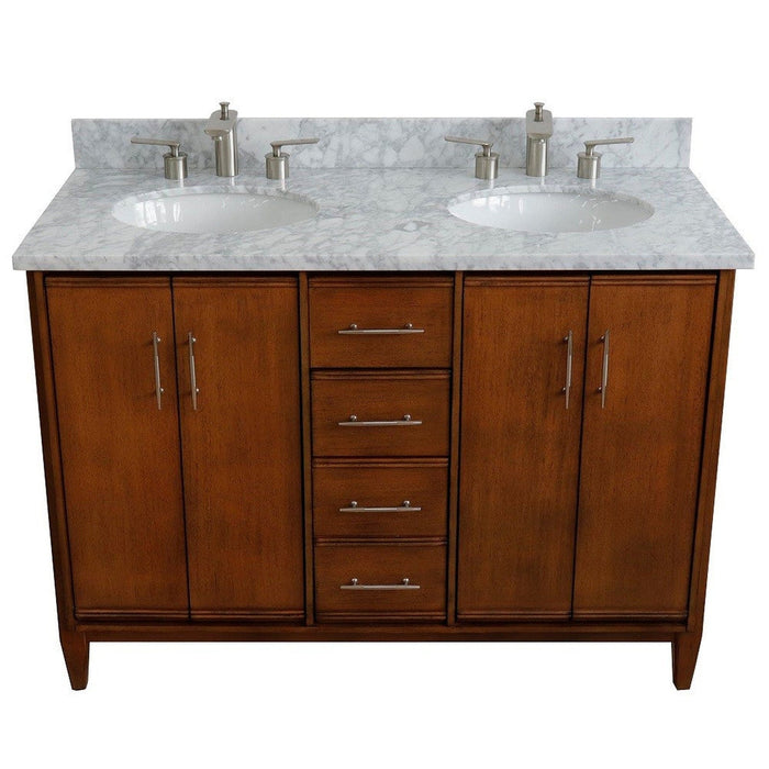 Bellaterra Home MCM 49" 4-Door 2-Drawer Walnut Freestanding Vanity Set With Ceramic Double Undermount Oval Sink and White Carrara Marble Top - Luxe Vanity & Tub