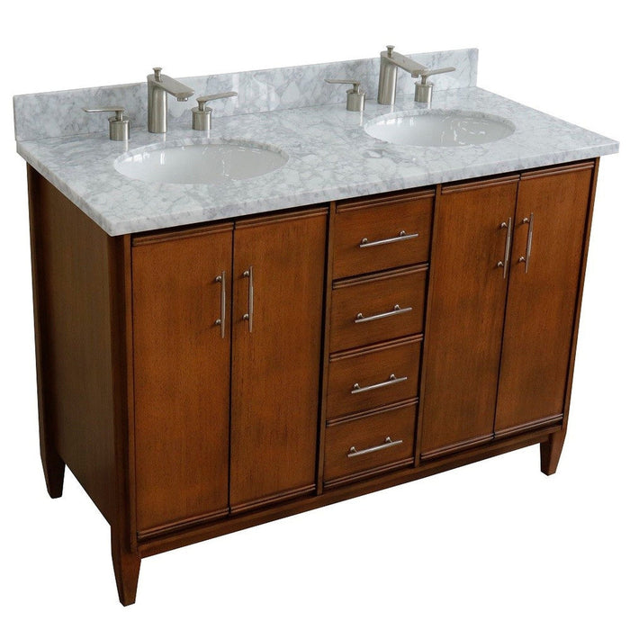 Bellaterra Home MCM 49" 4-Door 2-Drawer Walnut Freestanding Vanity Set With Ceramic Double Undermount Oval Sink and White Carrara Marble Top - Luxe Vanity & Tub