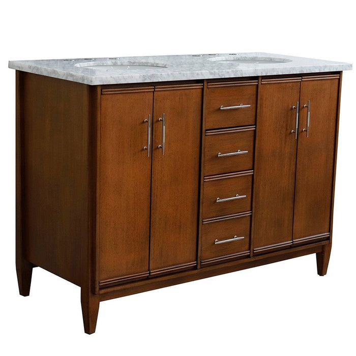 Bellaterra Home MCM 49" 4-Door 2-Drawer Walnut Freestanding Vanity Set With Ceramic Double Undermount Oval Sink and White Carrara Marble Top - Luxe Vanity & Tub