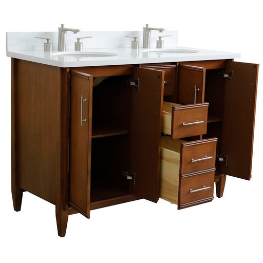 Bellaterra Home MCM 49" 4-Door 2-Drawer Walnut Freestanding Vanity Set With Ceramic Double Undermount Oval Sink and White Quartz Top - Luxe Vanity & Tub