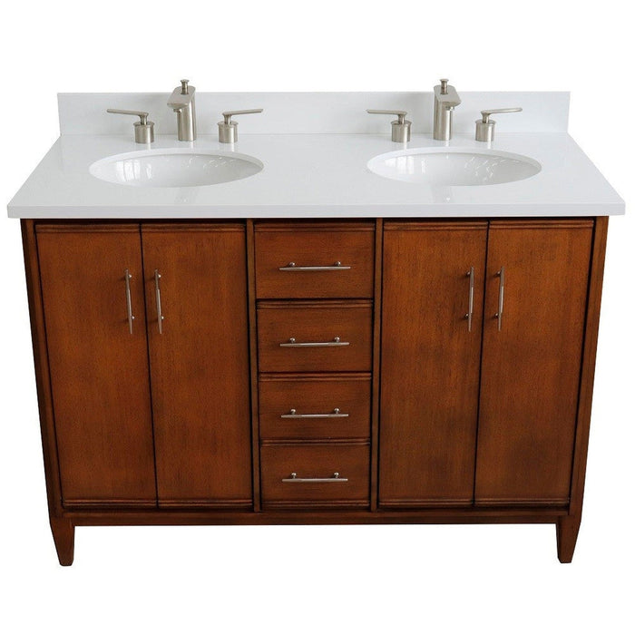 Bellaterra Home MCM 49" 4-Door 2-Drawer Walnut Freestanding Vanity Set With Ceramic Double Undermount Oval Sink and White Quartz Top - Luxe Vanity & Tub