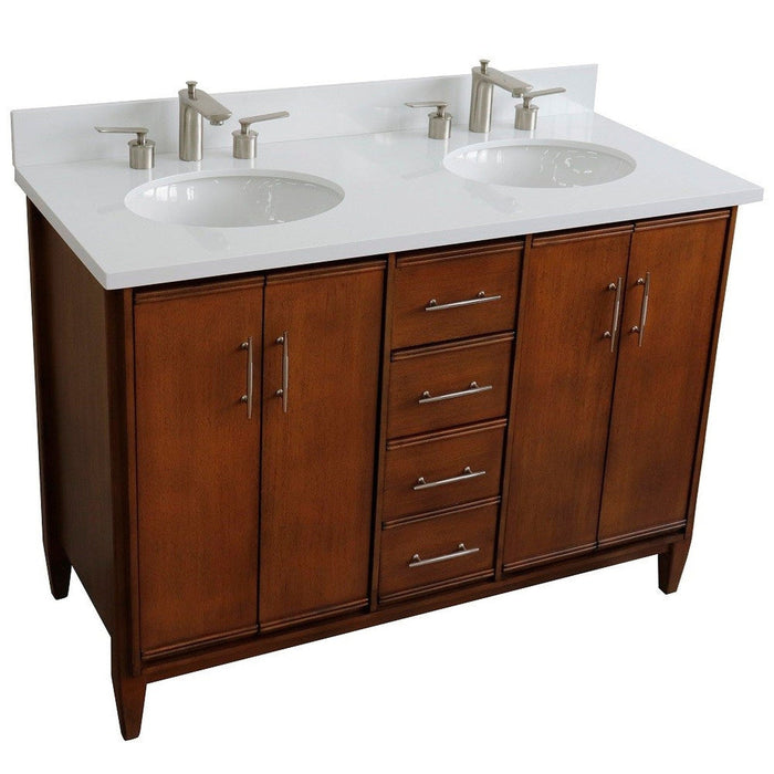 Bellaterra Home MCM 49" 4-Door 2-Drawer Walnut Freestanding Vanity Set With Ceramic Double Undermount Oval Sink and White Quartz Top - Luxe Vanity & Tub