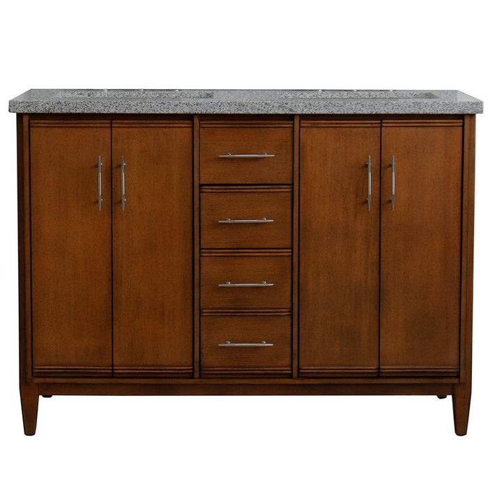 Bellaterra Home MCM 49" 4-Door 2-Drawer Walnut Freestanding Vanity Set With Ceramic Double Undermount Rectangular Sink and Gray Granite Top - Luxe Vanity & Tub