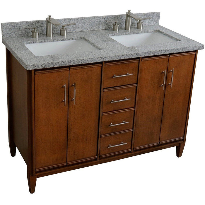 Bellaterra Home MCM 49" 4-Door 2-Drawer Walnut Freestanding Vanity Set With Ceramic Double Undermount Rectangular Sink and Gray Granite Top - Luxe Vanity & Tub