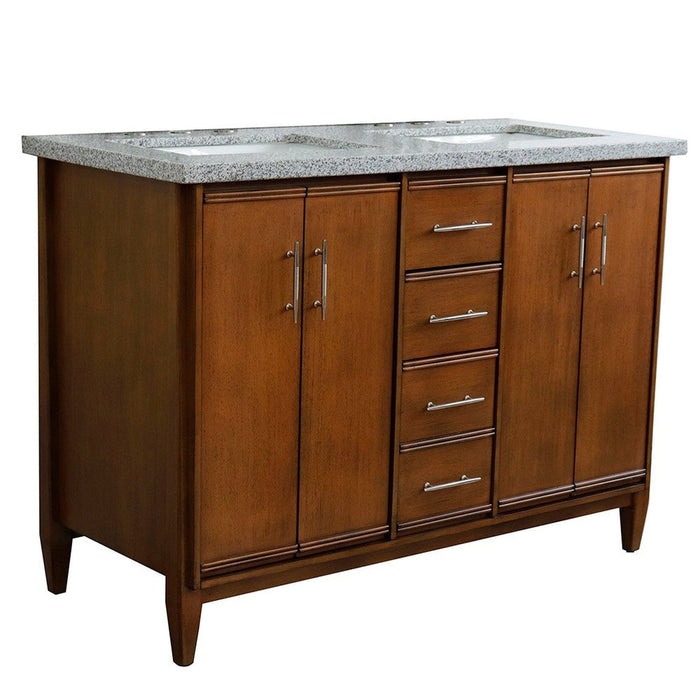 Bellaterra Home MCM 49" 4-Door 2-Drawer Walnut Freestanding Vanity Set With Ceramic Double Undermount Rectangular Sink and Gray Granite Top - Luxe Vanity & Tub