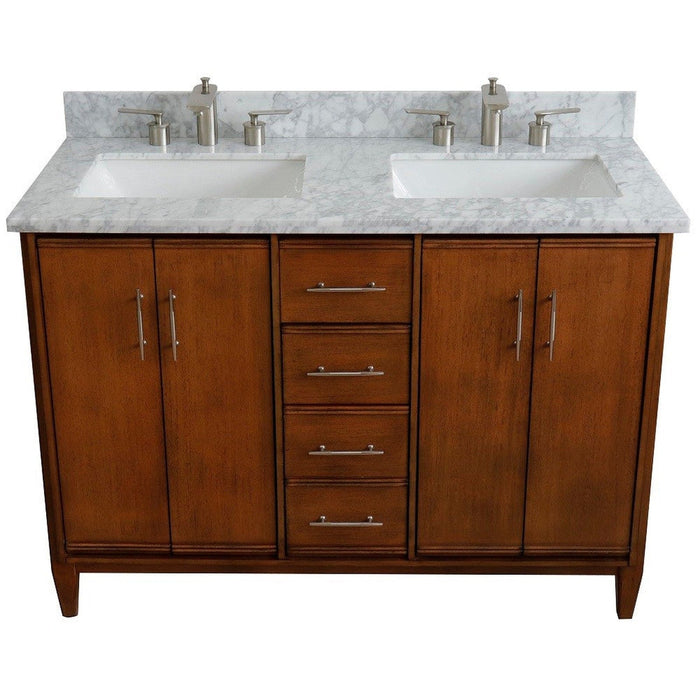 Bellaterra Home MCM 49" 4-Door 2-Drawer Walnut Freestanding Vanity Set With Ceramic Double Undermount Rectangular Sink and White Carrara Marble Top - Luxe Vanity & Tub