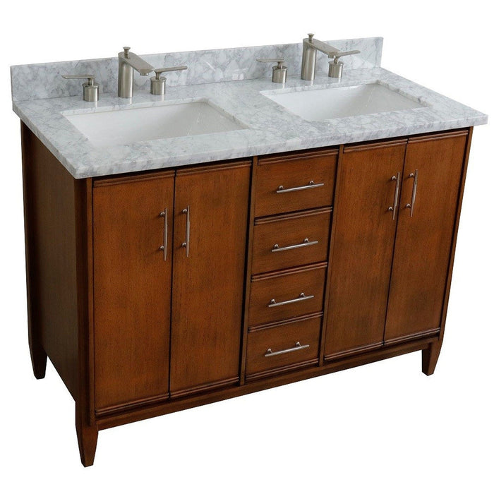 Bellaterra Home MCM 49" 4-Door 2-Drawer Walnut Freestanding Vanity Set With Ceramic Double Undermount Rectangular Sink and White Carrara Marble Top - Luxe Vanity & Tub