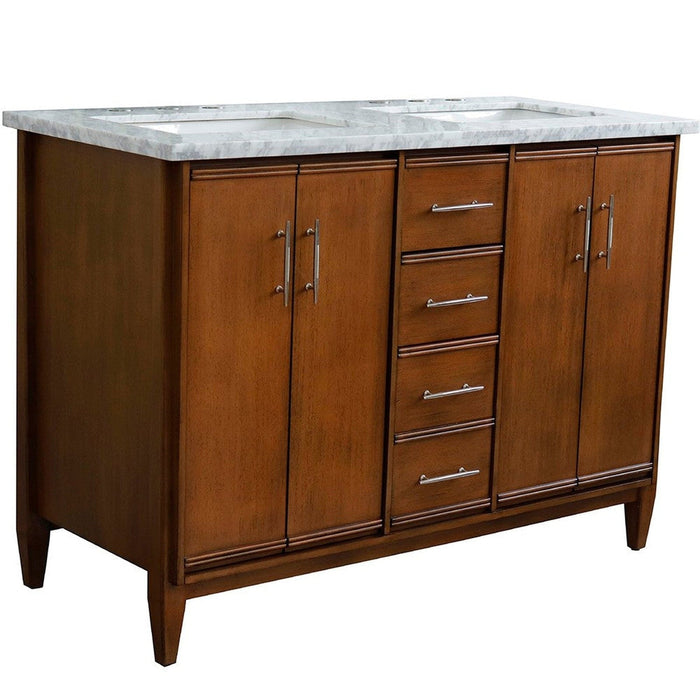 Bellaterra Home MCM 49" 4-Door 2-Drawer Walnut Freestanding Vanity Set With Ceramic Double Undermount Rectangular Sink and White Carrara Marble Top - Luxe Vanity & Tub