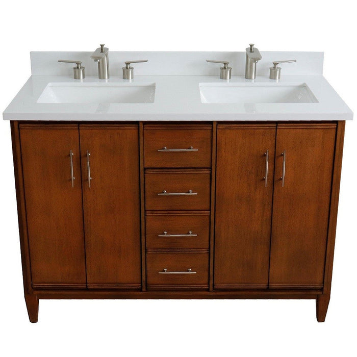 Bellaterra Home MCM 49" 4-Door 2-Drawer Walnut Freestanding Vanity Set With Ceramic Double Undermount Rectangular Sink and White Quartz Top - Luxe Vanity & Tub