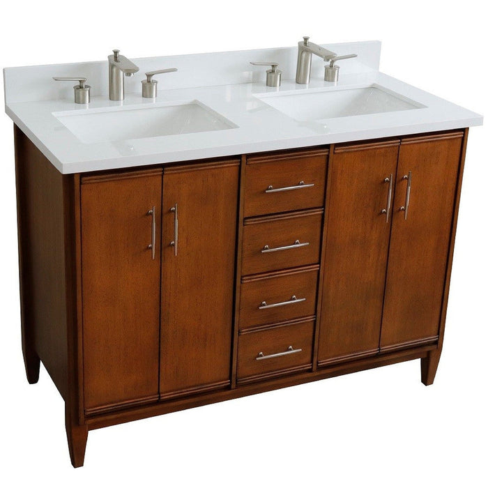 Bellaterra Home MCM 49" 4-Door 2-Drawer Walnut Freestanding Vanity Set With Ceramic Double Undermount Rectangular Sink and White Quartz Top - Luxe Vanity & Tub