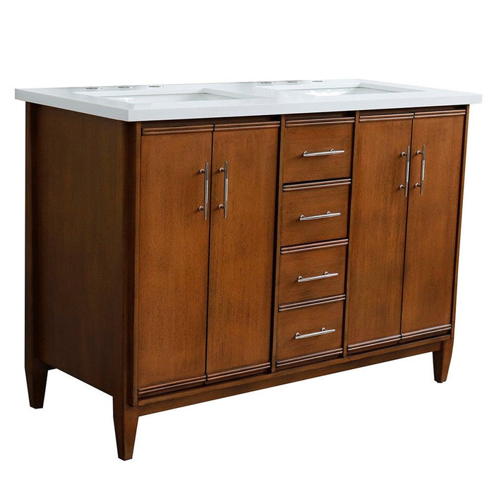 Bellaterra Home MCM 49" 4-Door 2-Drawer Walnut Freestanding Vanity Set With Ceramic Double Undermount Rectangular Sink and White Quartz Top - Luxe Vanity & Tub