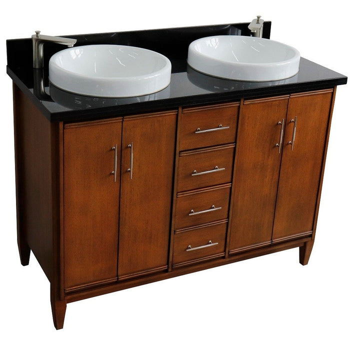 Bellaterra Home MCM 49" 4-Door 2-Drawer Walnut Freestanding Vanity Set With Ceramic Double Vessel Sink and Black Galaxy Granite Top - Luxe Vanity & Tub