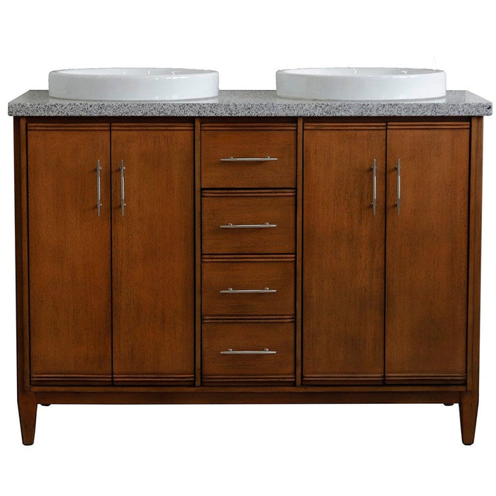 Bellaterra Home MCM 49" 4-Door 2-Drawer Walnut Freestanding Vanity Set With Ceramic Double Vessel Sink and Gray Granite Top - Luxe Vanity & Tub