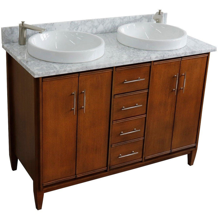 Bellaterra Home MCM 49" 4-Door 2-Drawer Walnut Freestanding Vanity Set With Ceramic Double Vessel Sink and White Carrara Marble Top - Luxe Vanity & Tub