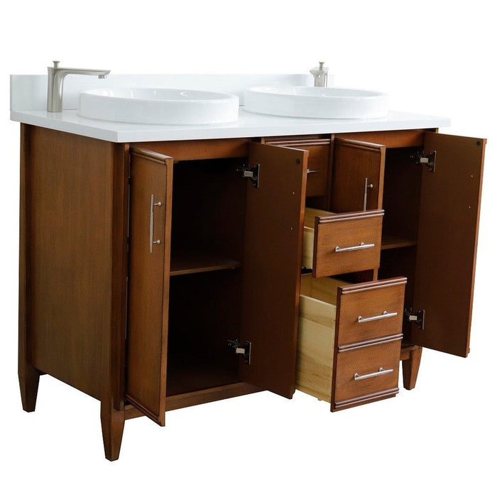 Bellaterra Home MCM 49" 4-Door 2-Drawer Walnut Freestanding Vanity Set With Ceramic Double Vessel Sink and White Quartz Top - Luxe Vanity & Tub