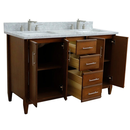 Bellaterra Home MCM 55" 4-Door 3-Drawer Walnut Freestanding Vanity Set With Ceramic Double Undermount Rectangular Sink And White Carrara Marble Top - Luxe Vanity & Tub