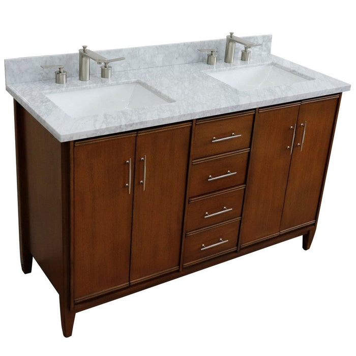 Bellaterra Home MCM 55" 4-Door 3-Drawer Walnut Freestanding Vanity Set With Ceramic Double Undermount Rectangular Sink And White Carrara Marble Top - Luxe Vanity & Tub