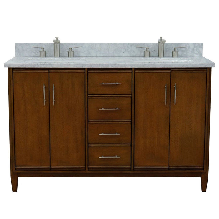 Bellaterra Home MCM 55" 4-Door 3-Drawer Walnut Freestanding Vanity Set With Ceramic Double Undermount Rectangular Sink And White Carrara Marble Top - Luxe Vanity & Tub