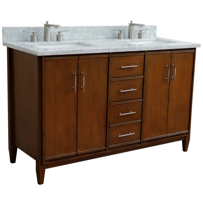 Bellaterra Home MCM 55" 4-Door 3-Drawer Walnut Freestanding Vanity Set With Ceramic Double Undermount Rectangular Sink And White Carrara Marble Top - Luxe Vanity & Tub