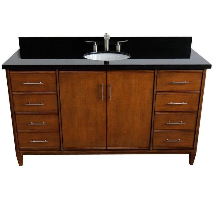 Bellaterra Home MCM 61" 2-Door 6-Drawer Walnut Freestanding Vanity Set With Ceramic Undermount Oval Sink and Black Galaxy Granite Top - Luxe Vanity & Tub