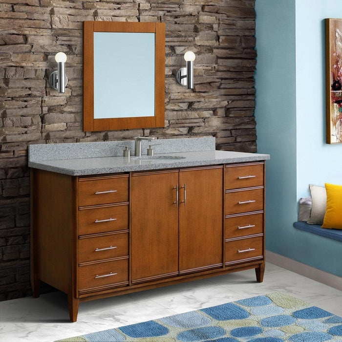 Bellaterra Home MCM 61" 2-Door 6-Drawer Walnut Freestanding Vanity Set With Ceramic Undermount Oval Sink and Gray Granite Top