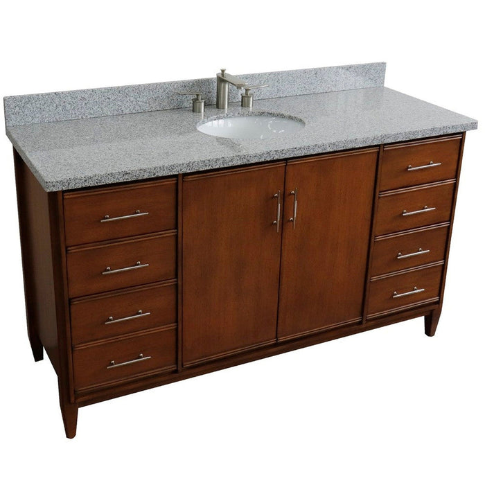 Bellaterra Home MCM 61" 2-Door 6-Drawer Walnut Freestanding Vanity Set With Ceramic Undermount Oval Sink and Gray Granite Top - Luxe Vanity & Tub