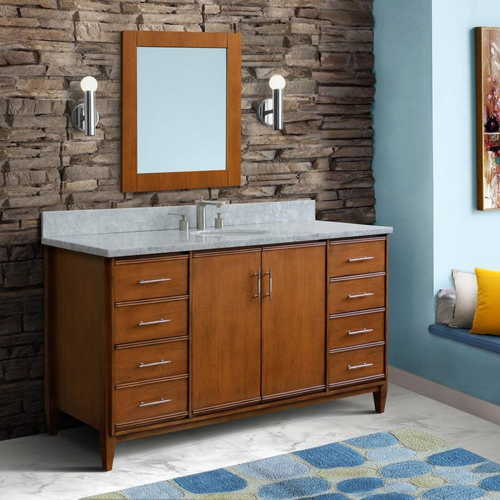 Bellaterra Home MCM 61" 2-Door 6-Drawer Walnut Freestanding Vanity Set With Ceramic Undermount Oval Sink and White Carrara Marble Top