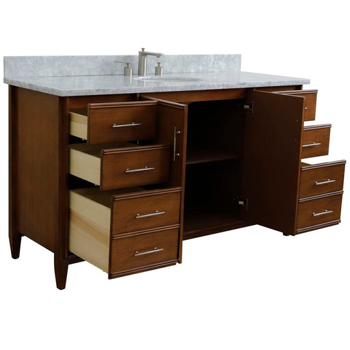 Bellaterra Home MCM 61" 2-Door 6-Drawer Walnut Freestanding Vanity Set With Ceramic Undermount Oval Sink and White Carrara Marble Top - Luxe Vanity & Tub