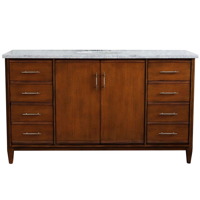 Bellaterra Home MCM 61" 2-Door 6-Drawer Walnut Freestanding Vanity Set With Ceramic Undermount Oval Sink and White Carrara Marble Top - Luxe Vanity & Tub