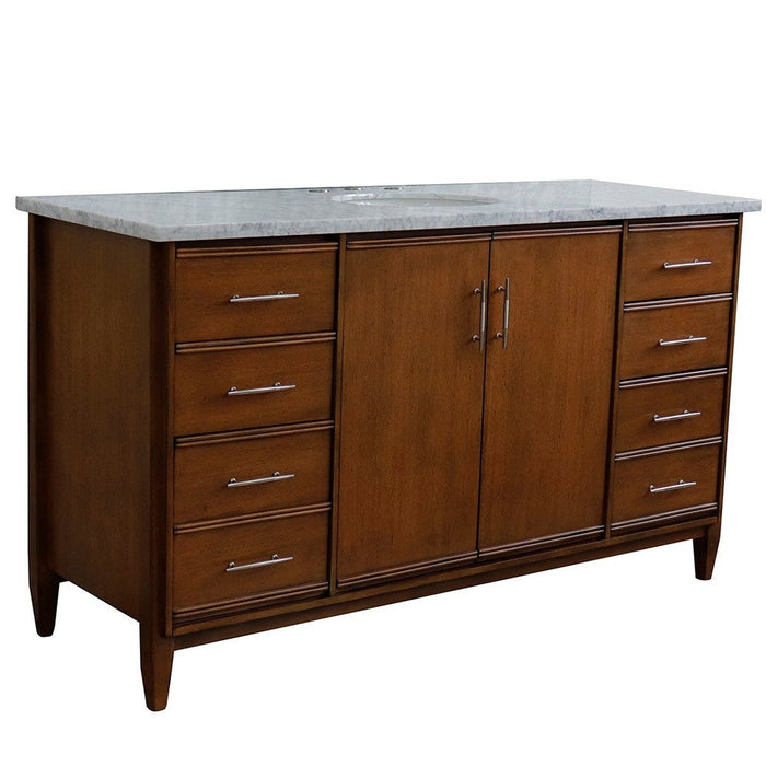 Bellaterra Home MCM 61" 2-Door 6-Drawer Walnut Freestanding Vanity Set With Ceramic Undermount Oval Sink and White Carrara Marble Top - Luxe Vanity & Tub