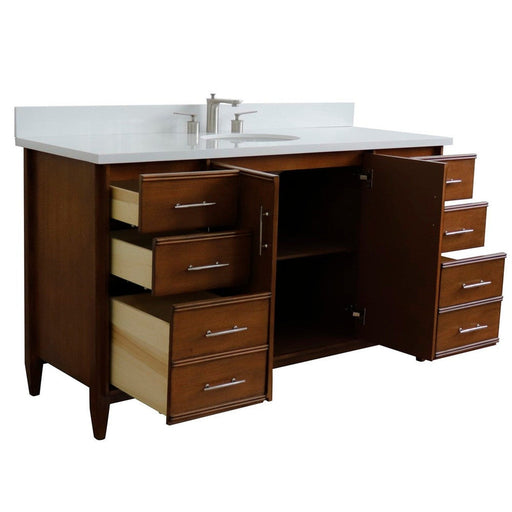 Bellaterra Home MCM 61" 2-Door 6-Drawer Walnut Freestanding Vanity Set With Ceramic Undermount Oval Sink and White Quartz Top - Luxe Vanity & Tub